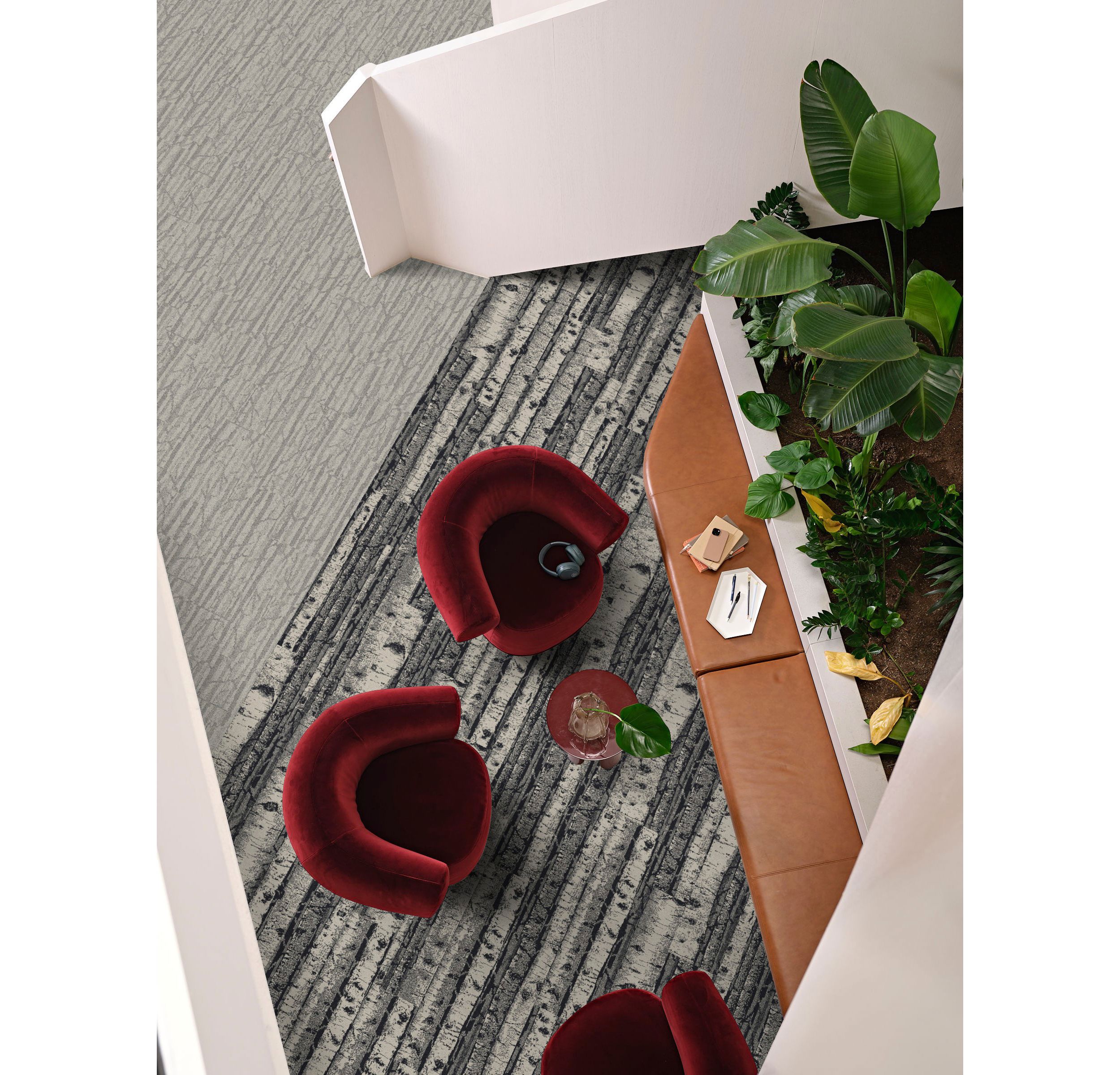Aerial view of Interface First Light and Quiet Grove plank carpet tile in workplace collaborative space image number 5