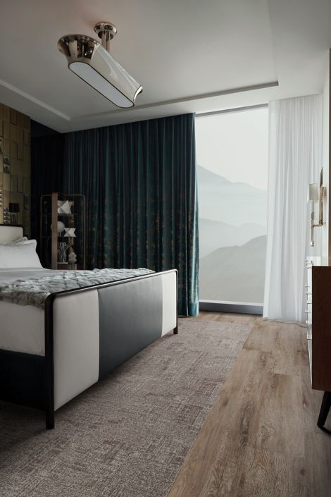 Interface RMS 701 plank carpet tile with Textured Woodgrains LVT in hotel guest room