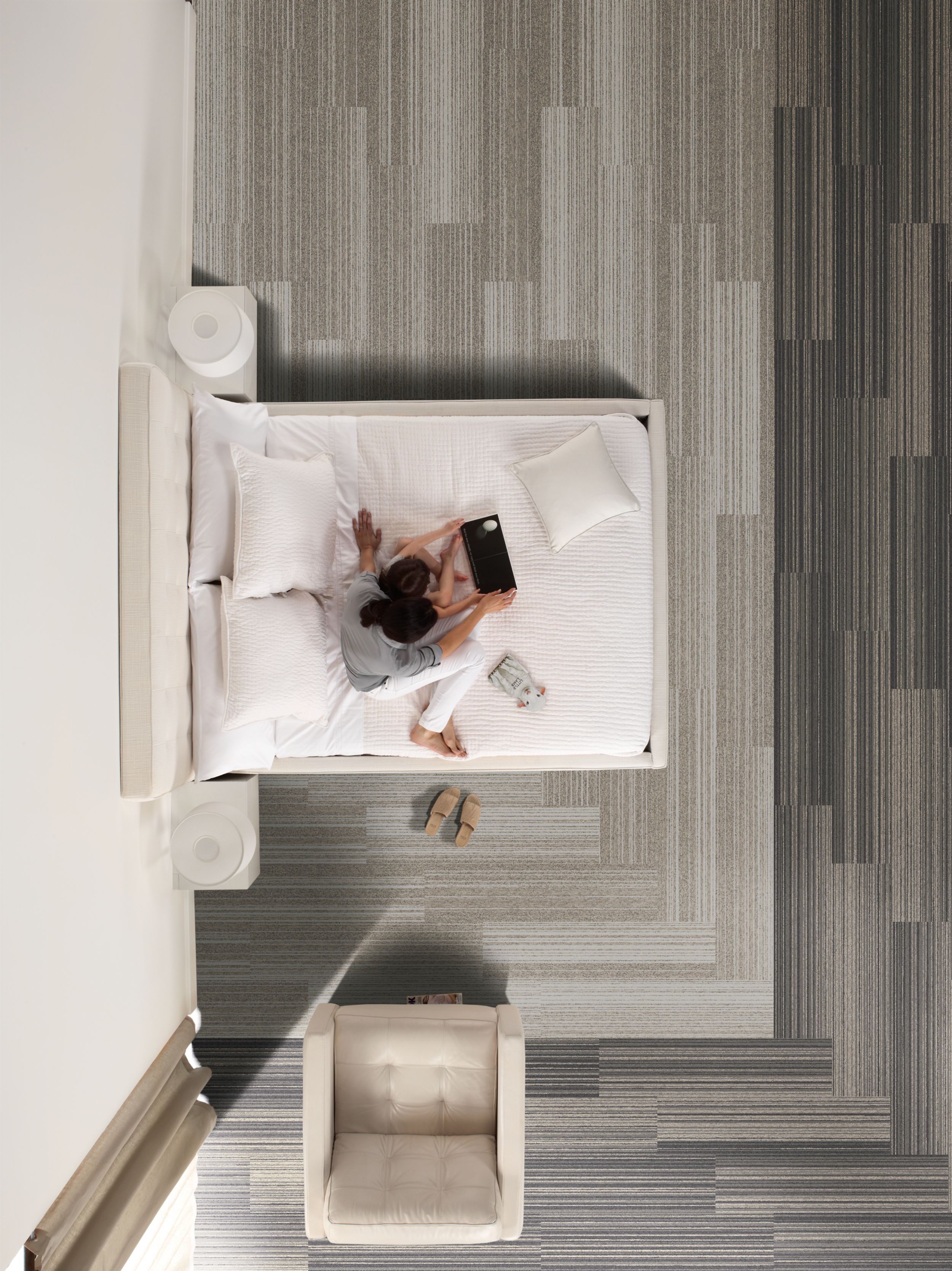 Interface RMS 509 plank carpet tile in hotel guest room with woman and child on bed image number 8