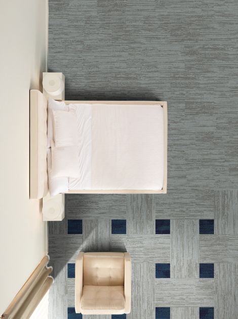 Interface RMS 510 plank carpet tile with Studio Set LVT in hotel guest room