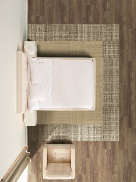 Interface RMS 103 and RMS 607 carpet tile with Level Set LVT in hotel guest room