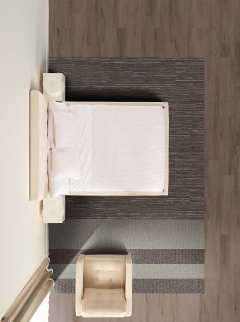 Interface RMS 703 and RMS 702 plank carpet tile with Natural Woodgrains LVT in hotel guest room image number 11