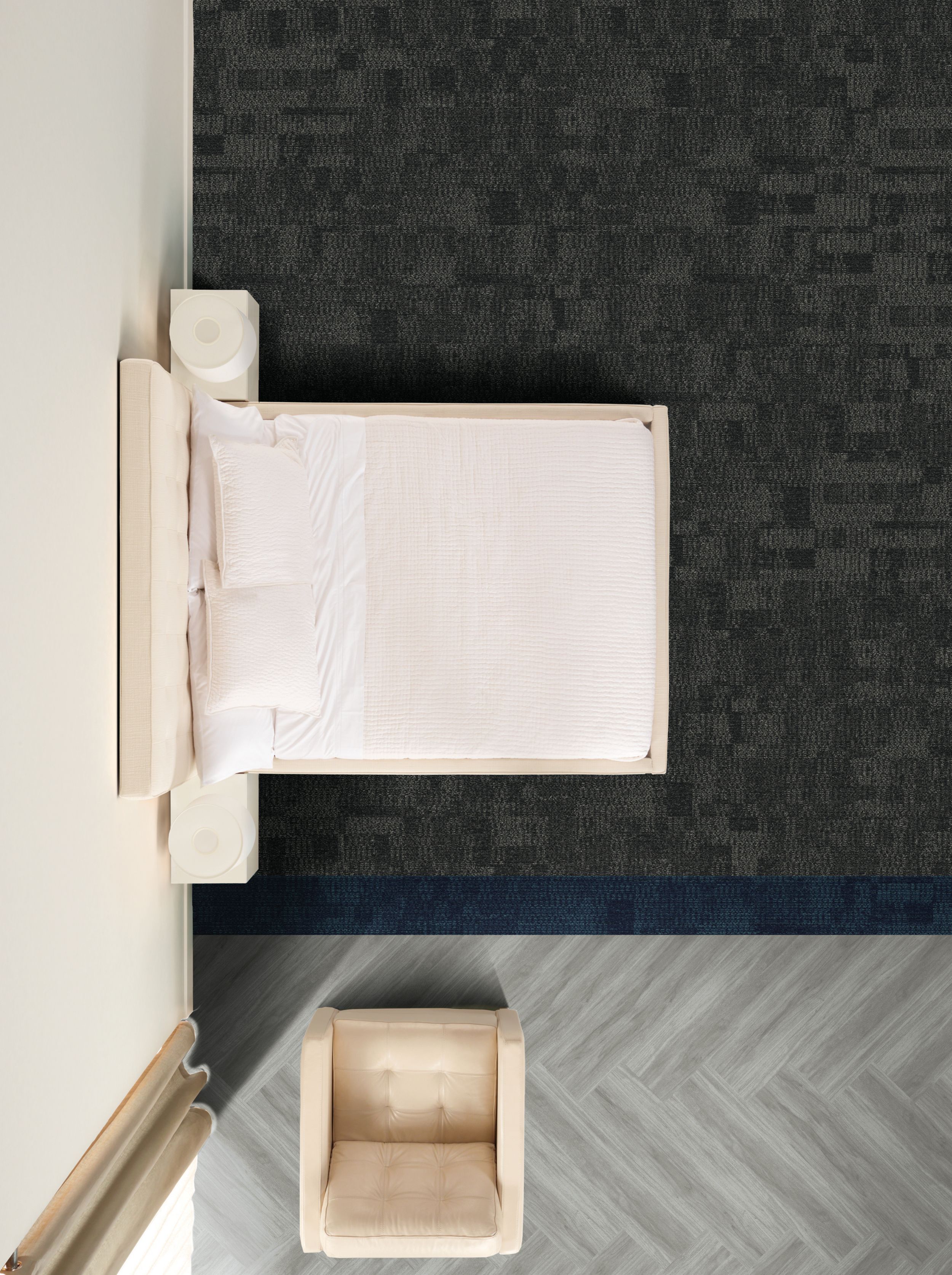 RMS 705 plank carpet tile and Studio Set LVT in hotel guest room image number 6