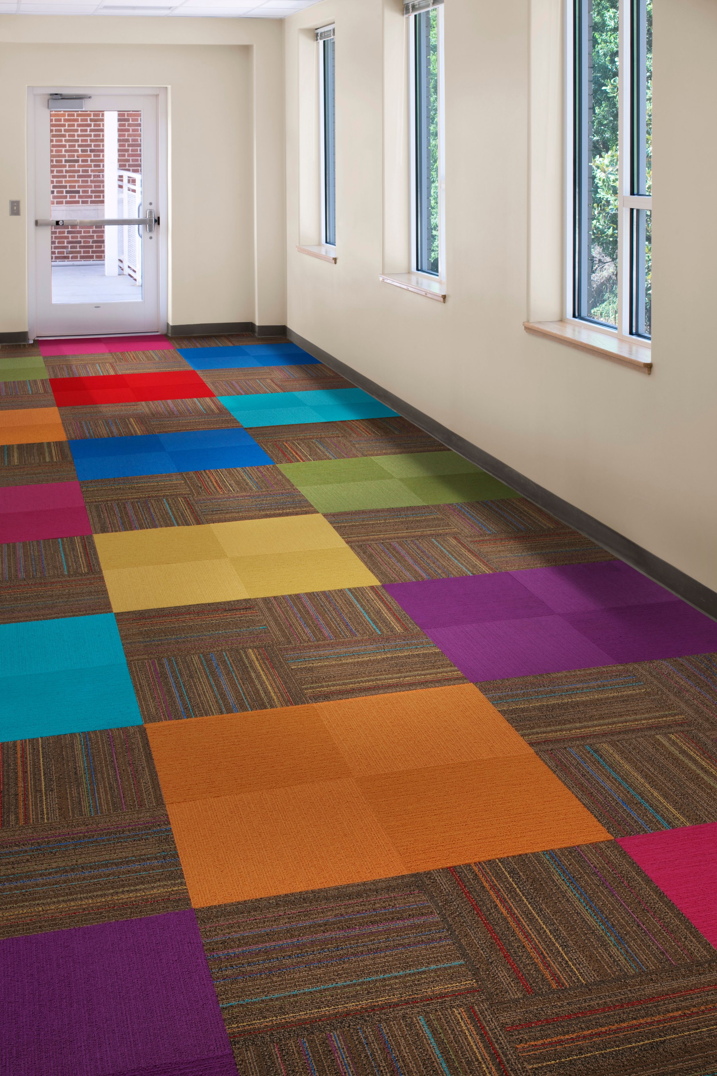 Interface Roy G Biv and Viva Colores carpet tile in open hallway image number 6
