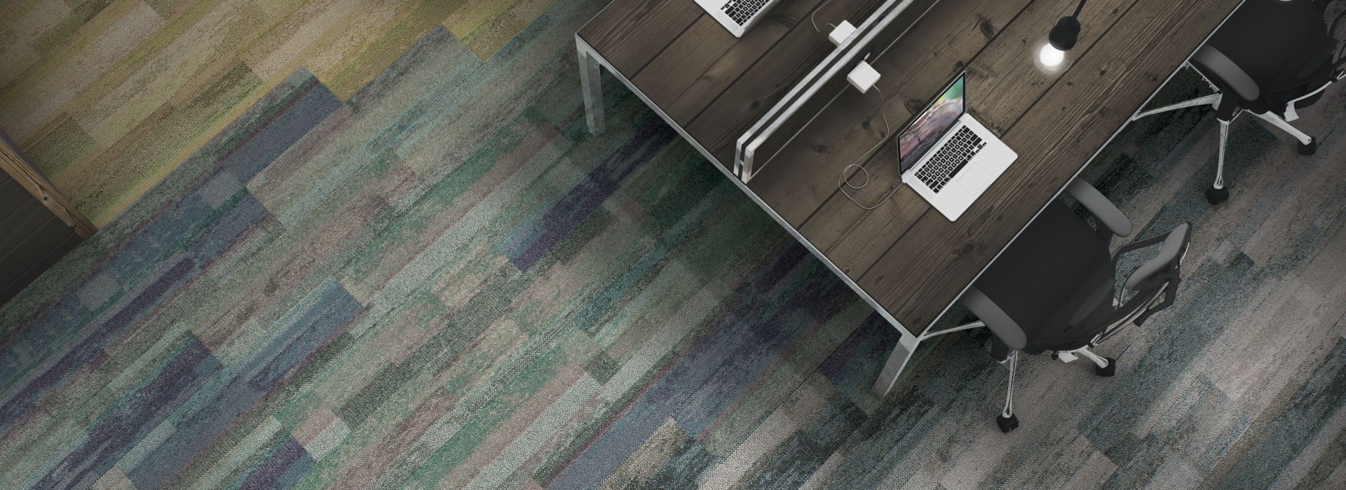 Interface Reclaim plank carpet tile in overhead view of office area