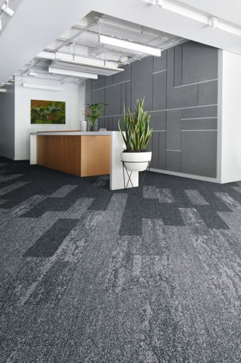 Interface Rockland Road, Rock Springs and Mantle Rock plank carpet tile in office lobby with large plant image number 3