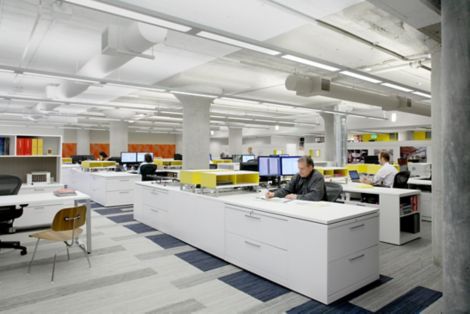 Interface Permian carpet tile in open office with men and women working at desks