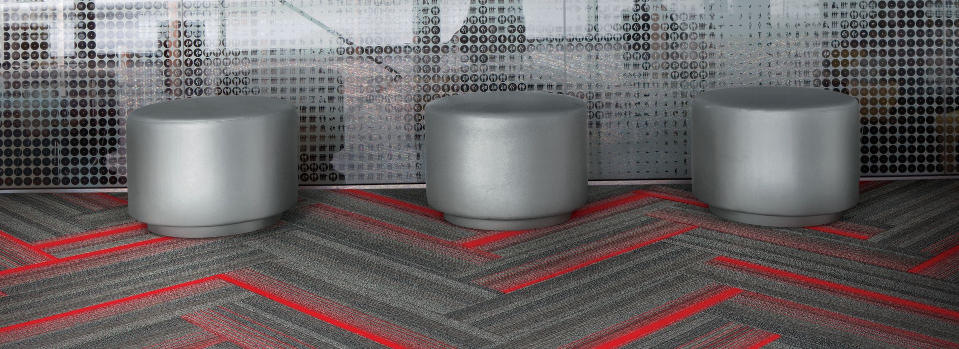 Interface SS217 and SS218 Carpet Tile in common area with three silver pots