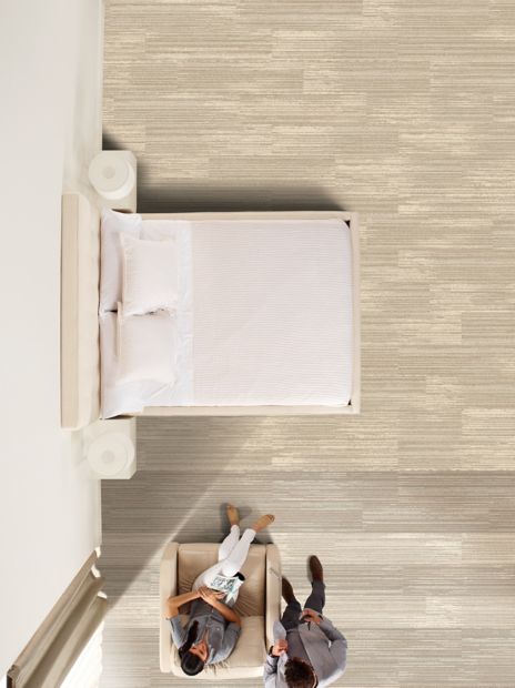 Aerial view of Interface SWTS 110 plank carpet tile in hotel guest room 