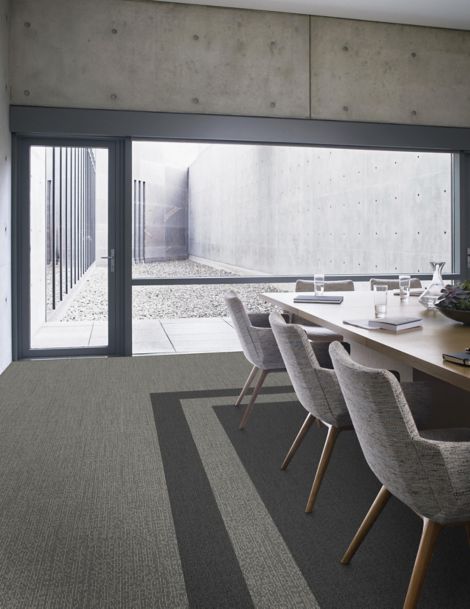 Interface Sashiko Stitch plank carpet tile in dining area