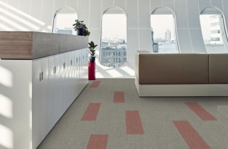 Interface Sashiko Stitch plank carpet tile in workspace with cubicles