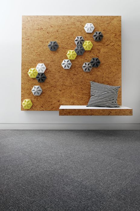  Interface Scandinavian carpet tile in room with suspended shelf and art installation
