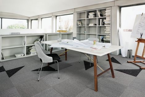 Interface Scandinavian and Flor carpet tile with desk and architectural drawings