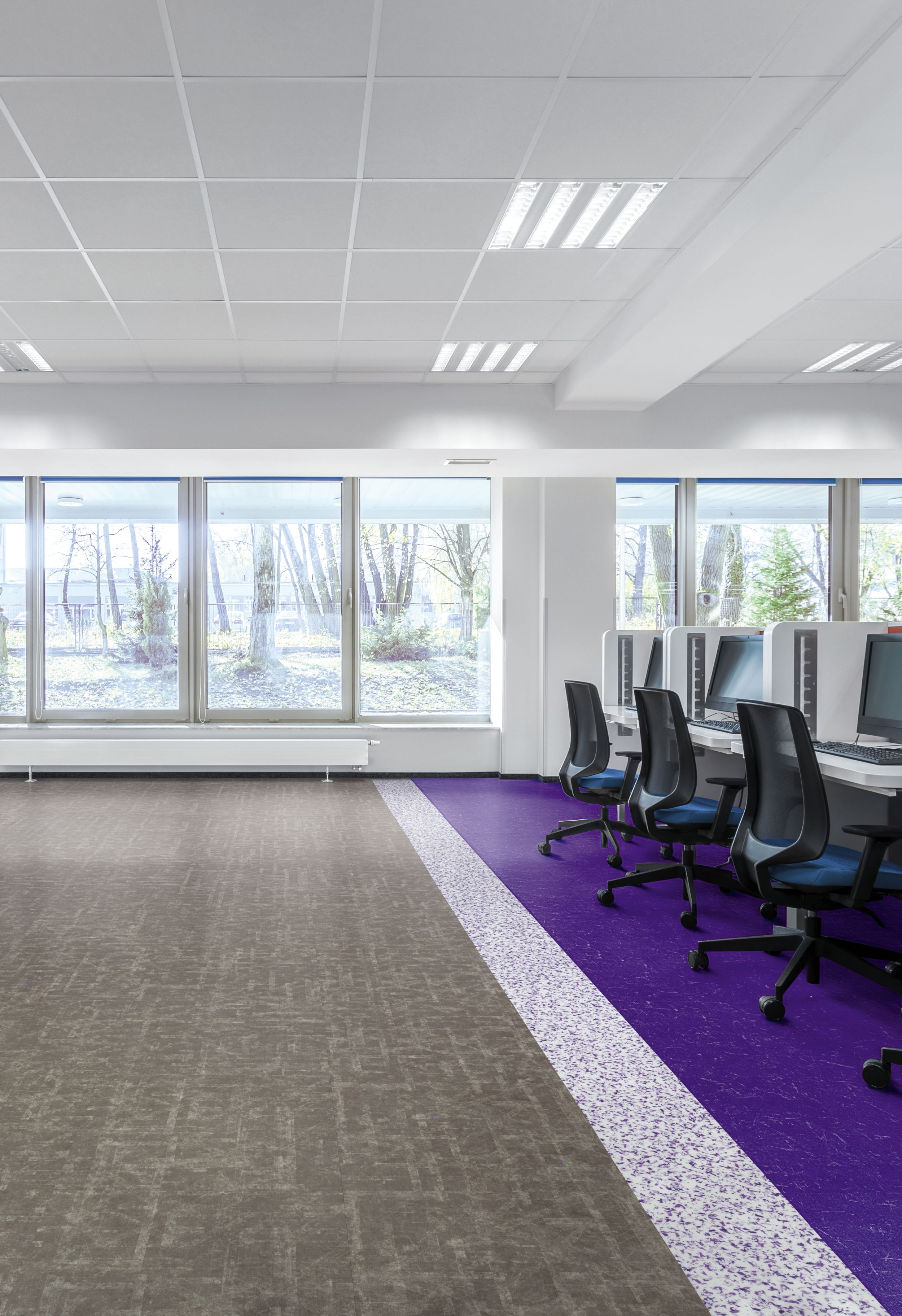 Interface Scorpio, Aries and Walk on By LVT in office setting with cubicles and chairs image number 12