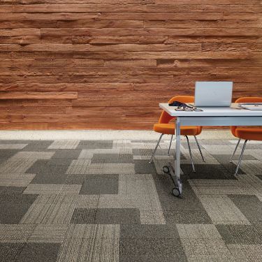 Interface ShadowBox Velour carpet tile in office with wood beam wall and table with computer imagen número 1
