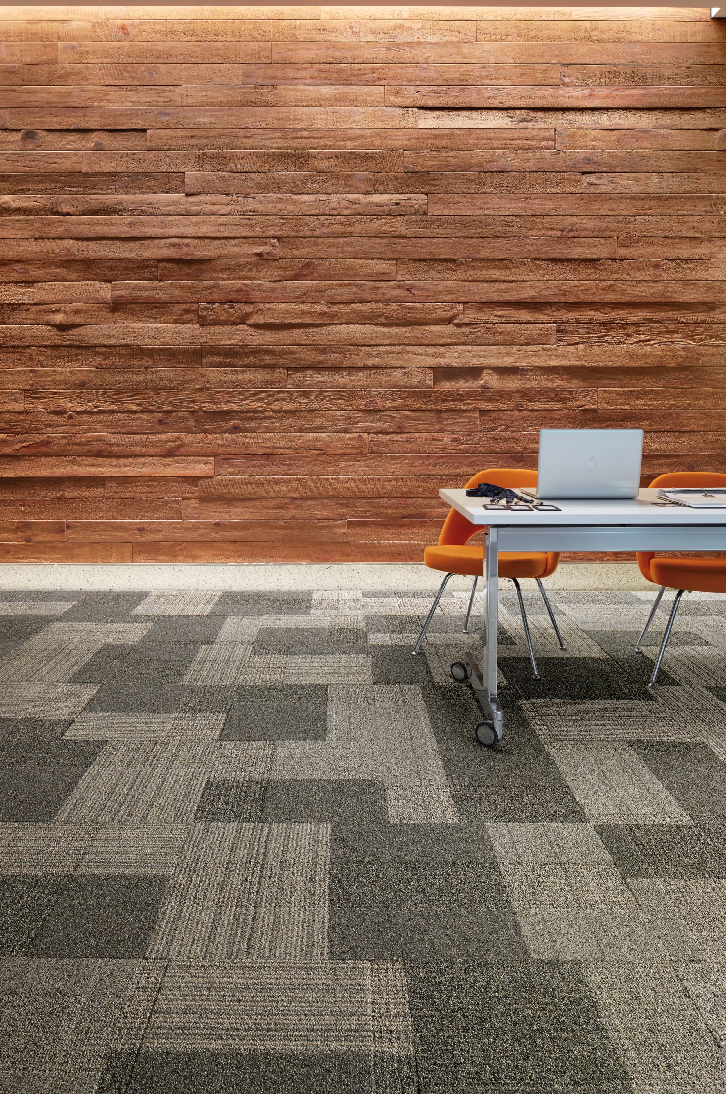 Interface ShadowBox Velour carpet tile in office with wood beam wall and table with computer image number 1