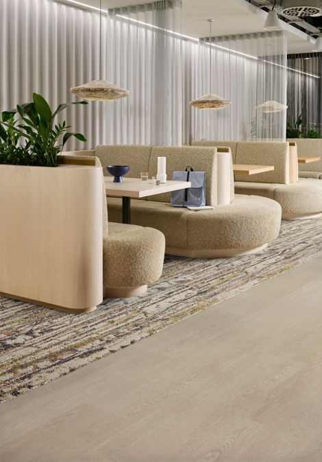 Interface Shifting Seasons plank carpet tile with Northern Grain plank LVT in workplace break area image number 5
