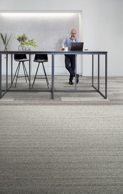 Interface Shiver Me Timbers plank carpet tile with bar height table
