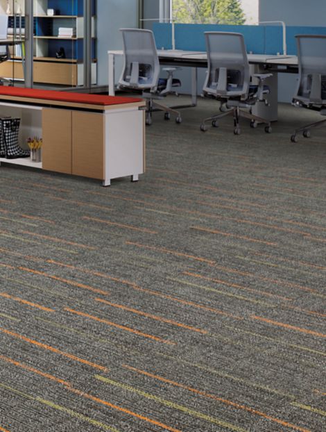 Interface Main Line carpet tile in open office with cubbie with rain boots