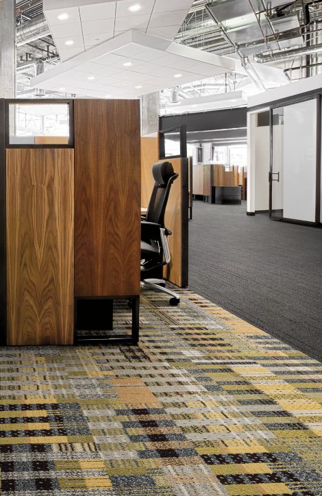 Interface Social Fabric and Drawn Thread plank carpet tile in cubicle area
