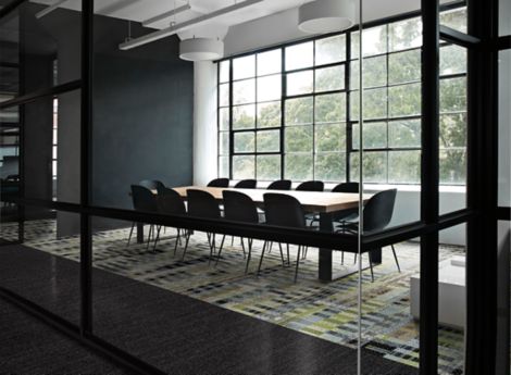 Interface Social Fabric and Drawn Thread plank carpet tile in meeting room