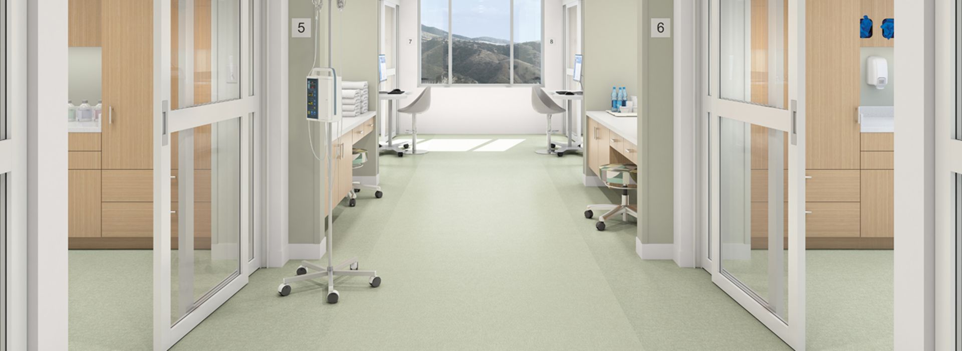 Interface Spike-tacular and Bloom with a View vinyl sheet in hospital corridor and patient rooms