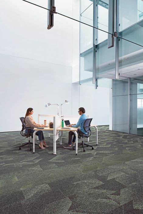 Interface Play the Angle and Spandrel plank carpet tile in office area with man and women on laptop image number 2