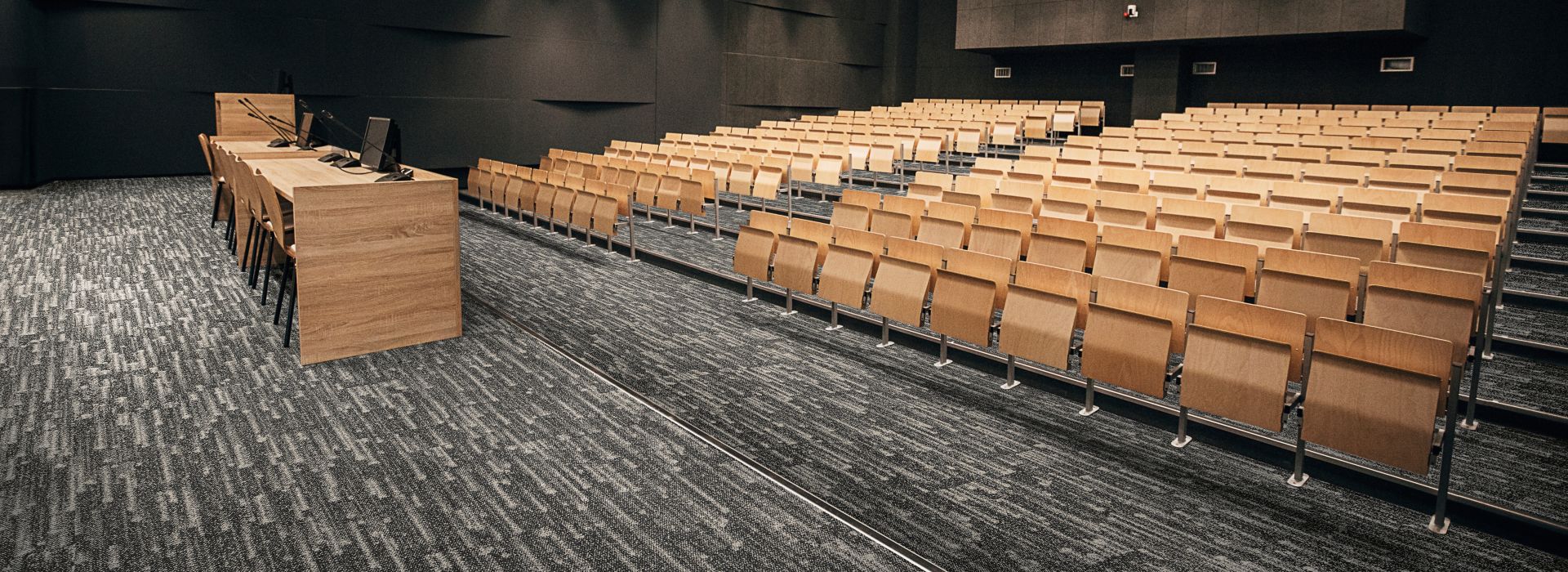 Interface Meteor plank carpet tile in higher ed lecture hall