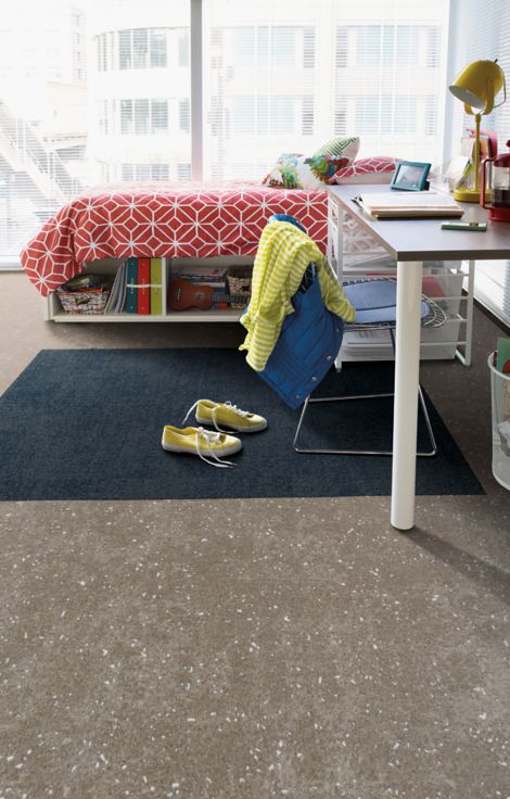 Interface Step in Time carpet tile and Walk the Aisle LVT in a dorm room image number 9