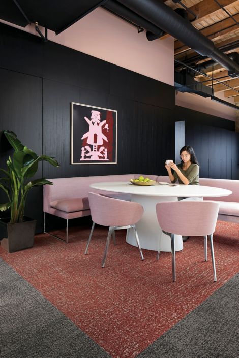 Interface Step it Up and Step in Time carpet tile in seating area with pink chairs  image number 3