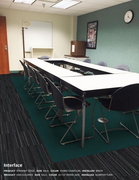 Interface Straight Edge and Viva Colores carpet tile in meeting room with rectangular conerence table and chairs