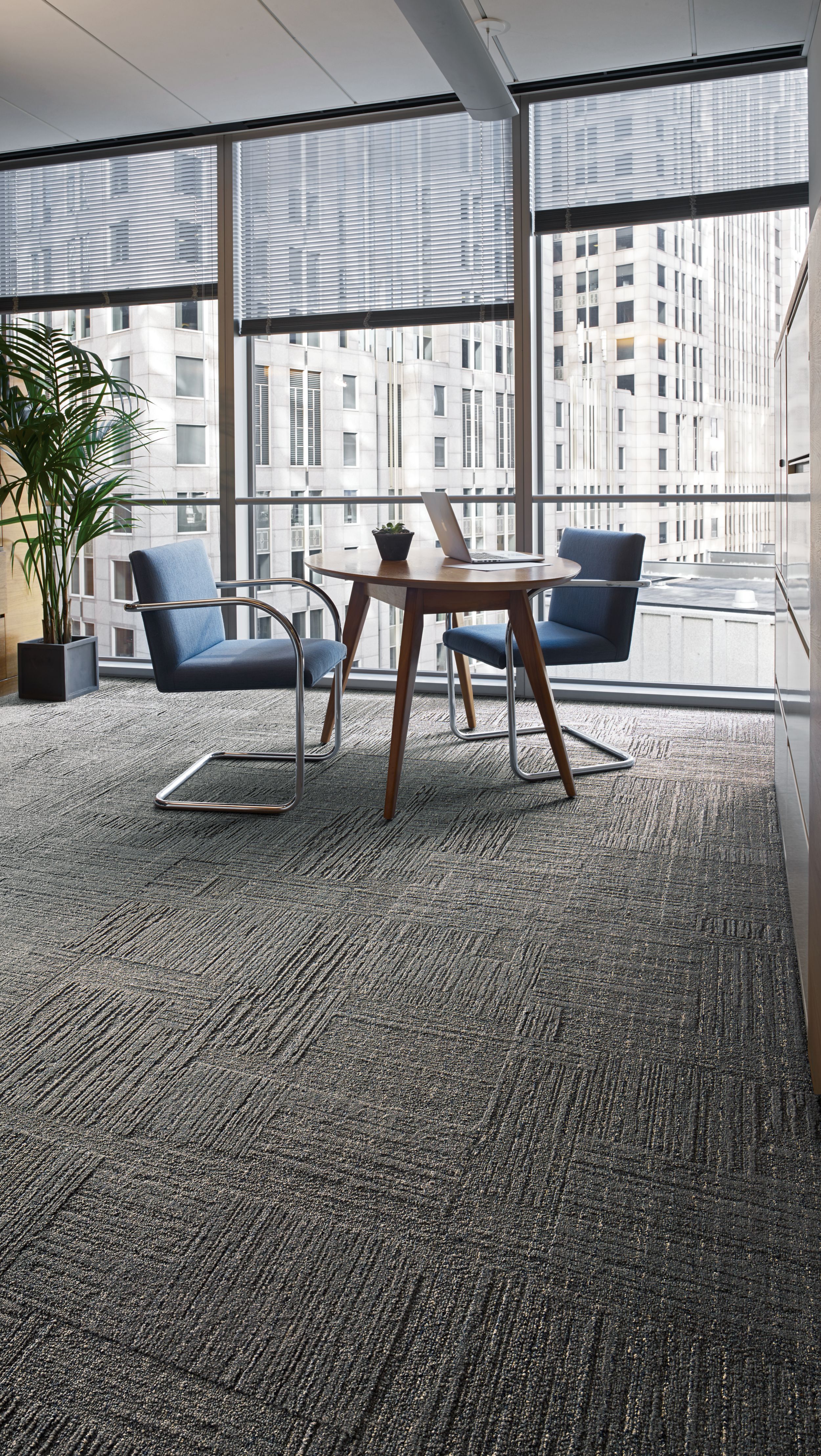 Interface Striation carpet tile in office with glass walls, large plant and small table with chairs imagen número 2