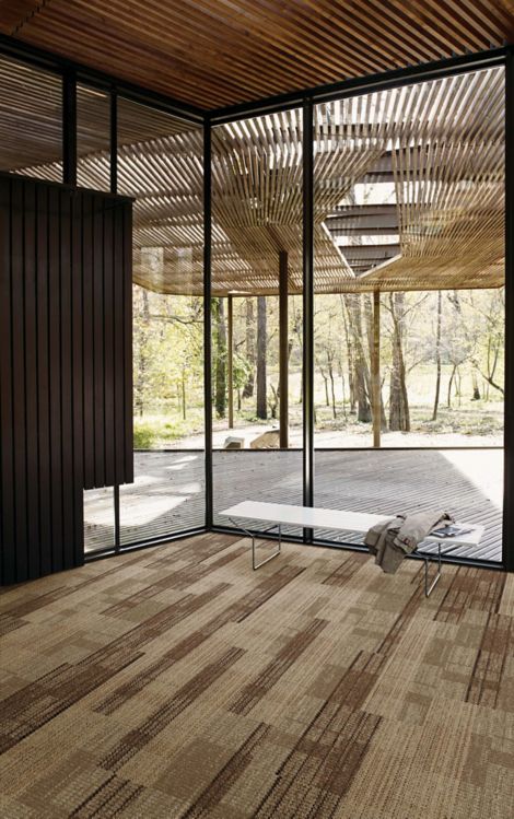 Interface SummerHouse Shades carpet tile in recreation area with wood ceilinig and glass walls