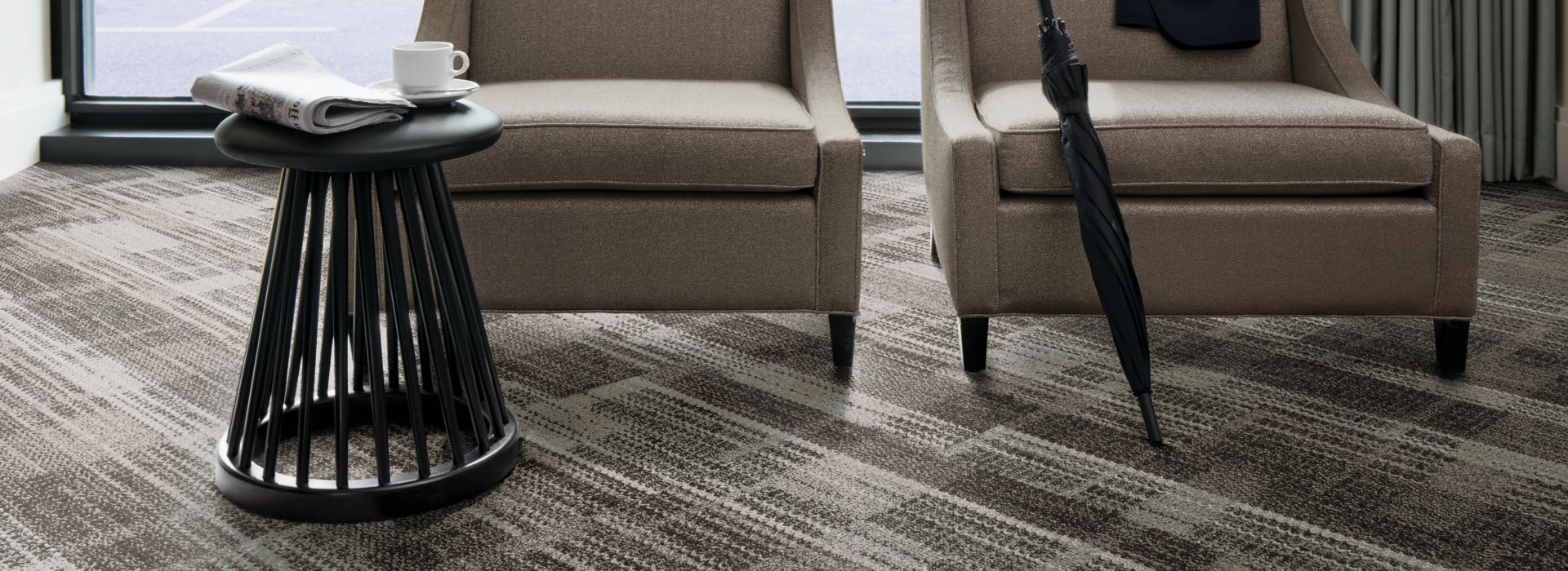 Interface SummerHouse Shades carpet tile with two chairs, small wood table and umbrella