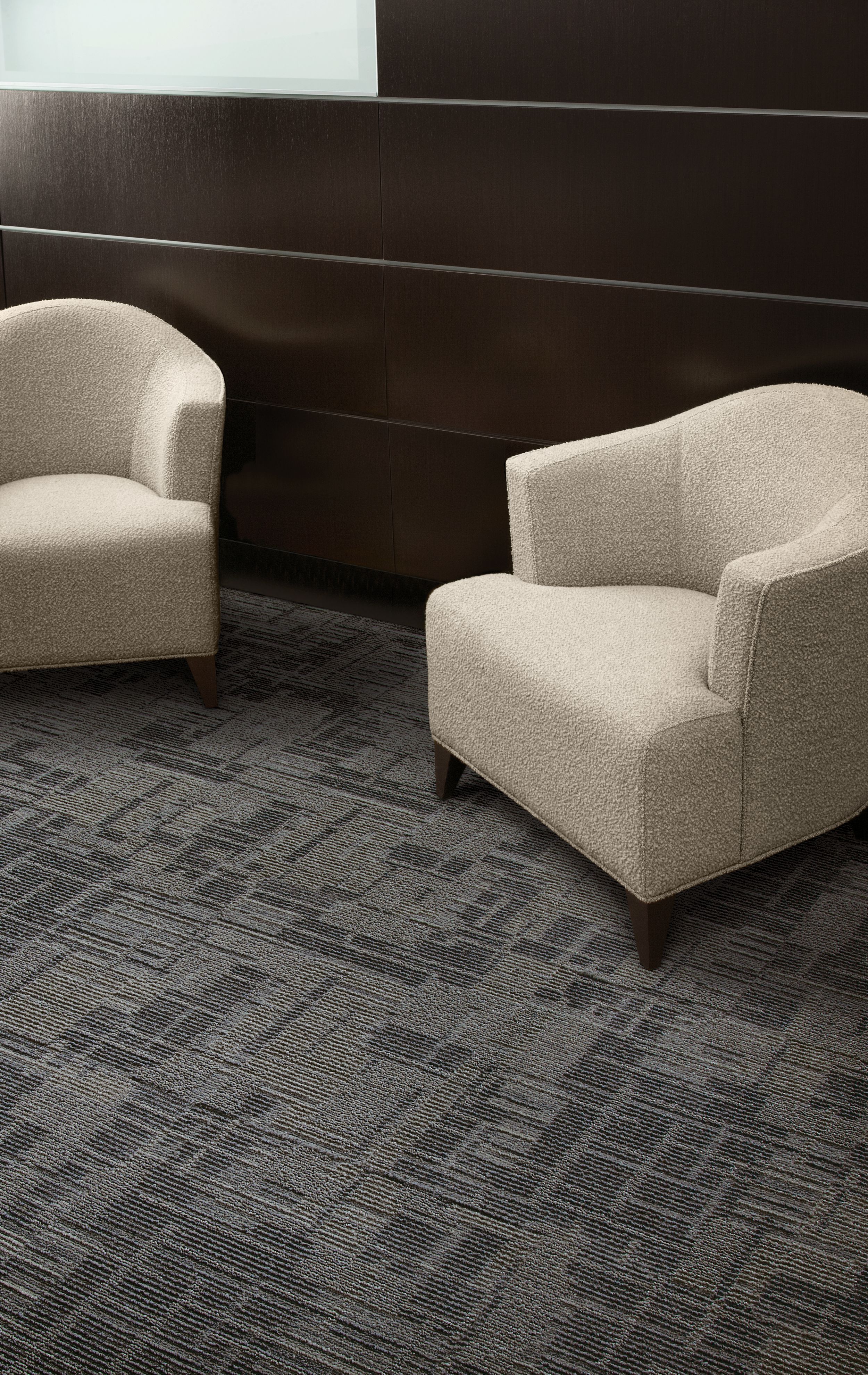 Interface Syncopation carpet tile in seating area with two chairs and wood walls image number 12
