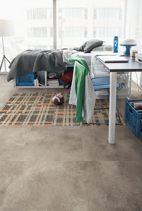 Interface Textured Stones LVT with FLOR Scottish Sett carpet tile in dorm room imagen número 5