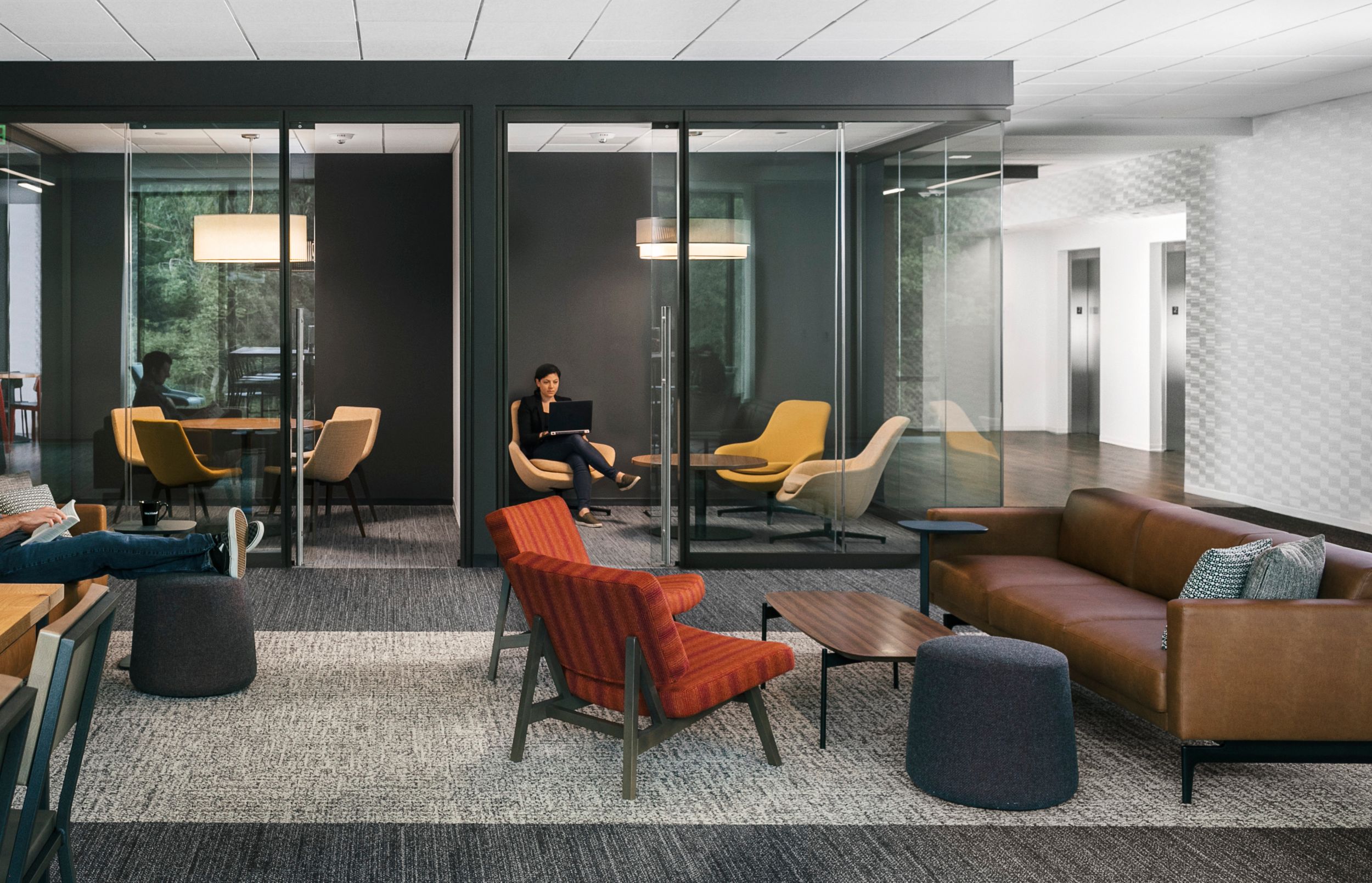 FLOR Tailored Touch carpet tile and Interface Textured Woodgrains LVT in office lobby setting image number 2