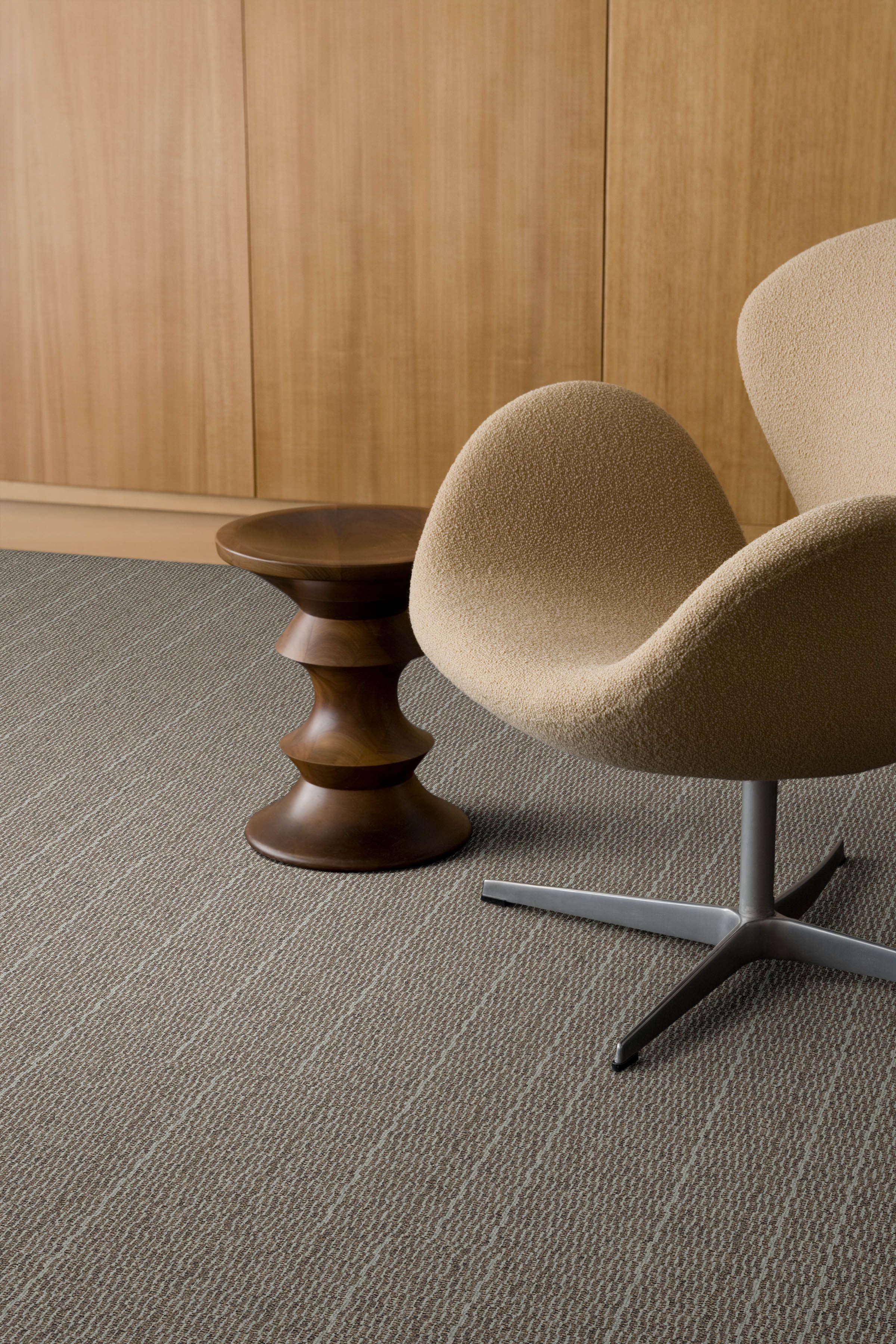 Detail of Interface Tangled & Taut carpet tile with chair and Eames stool image number 9