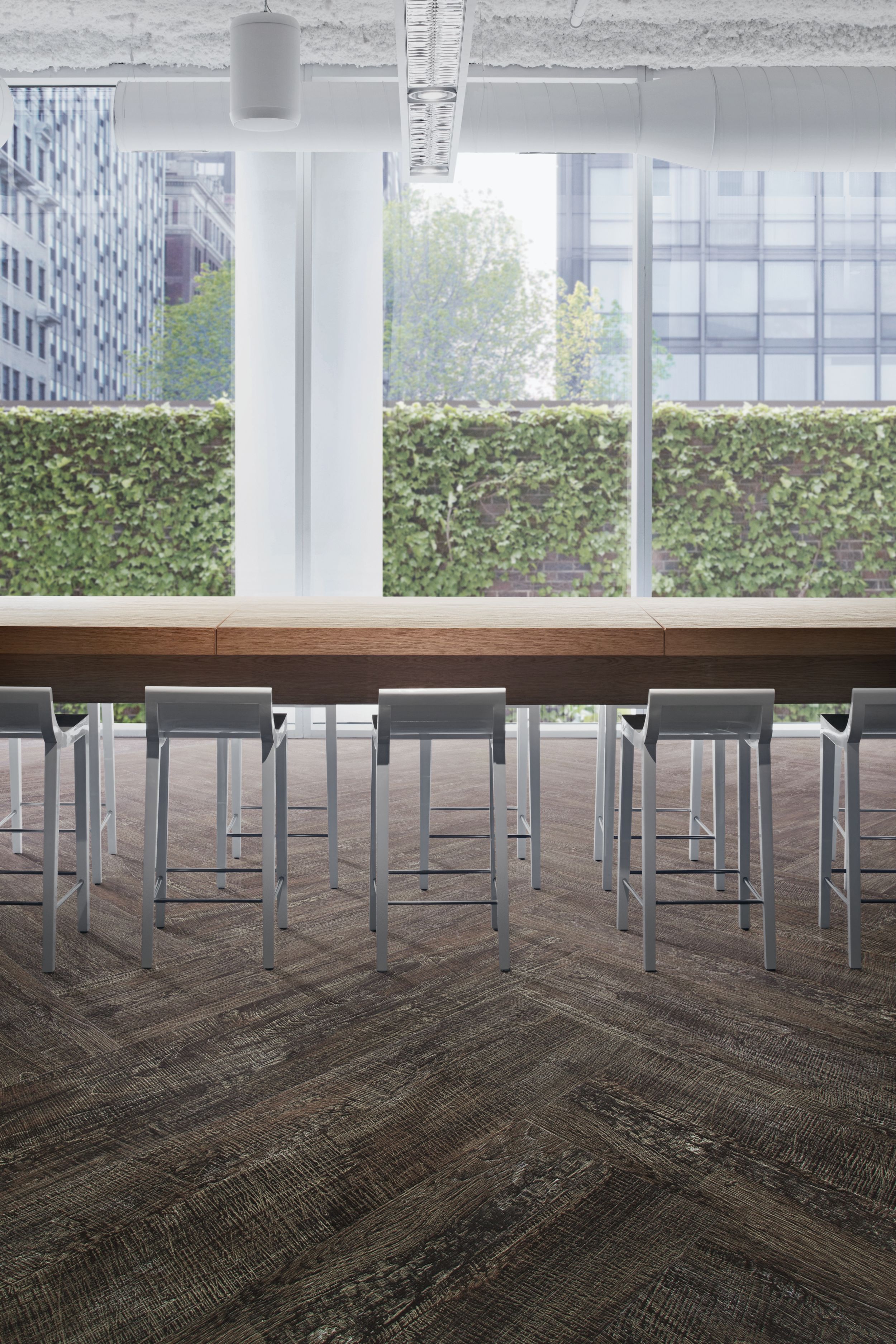 Interface Textured Woodgrains LVT with high table and stools image number 2