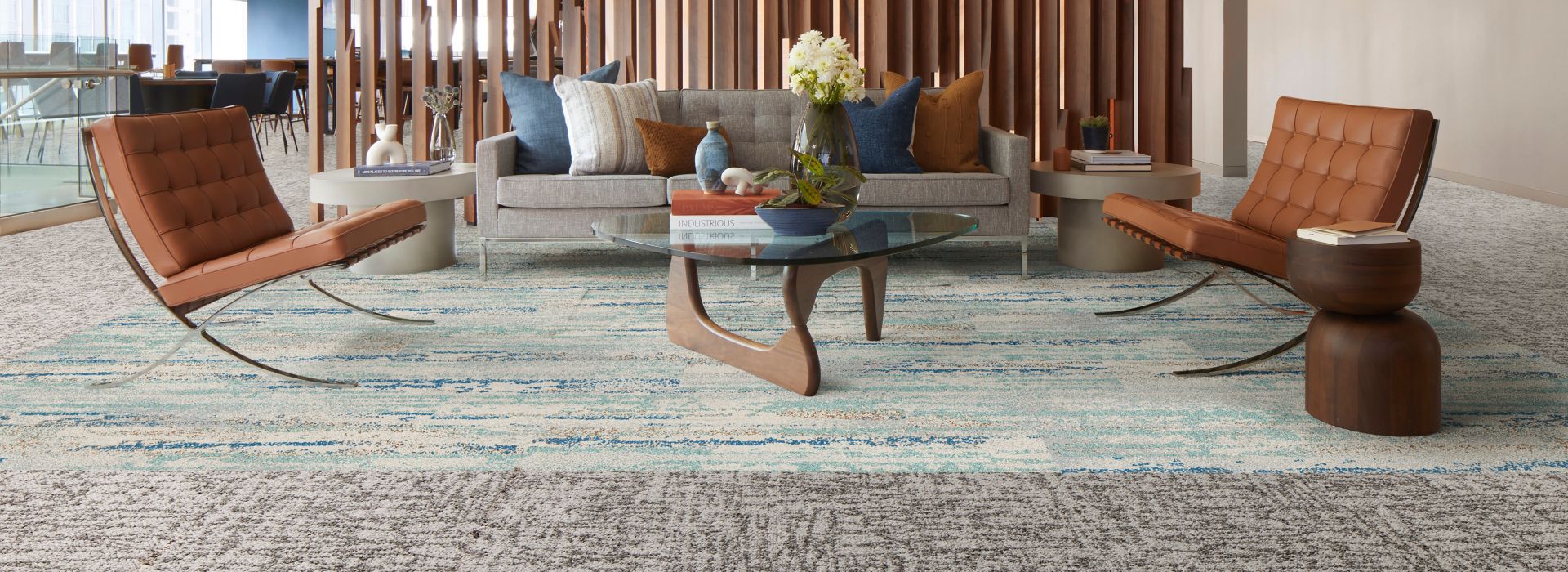 Interface Third Space 306 carpet tile with Undulating Water plank carpet tile in lobby