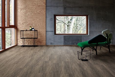 Interface Touch of Timber plank carpet tile in modern room with concrete and plywood walls, picture window and artisan sofa afbeeldingnummer 11