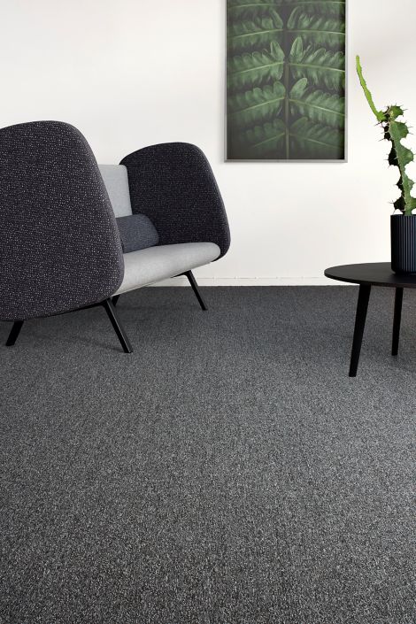 Interface Twist & Shine Micro carpet tile in seating area with cactus