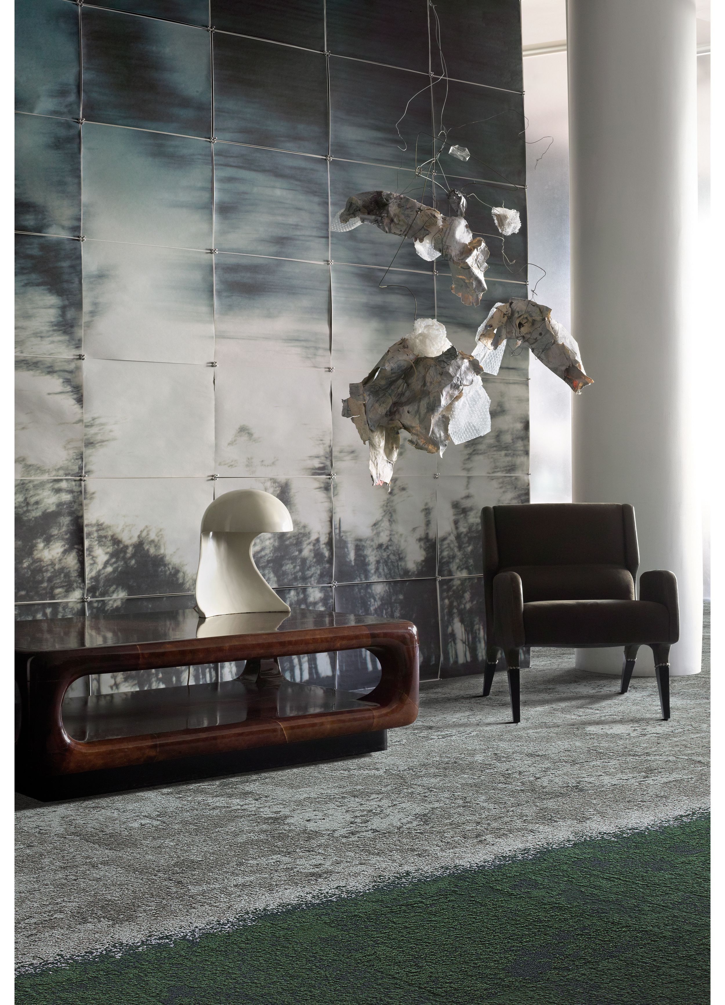 Interface UR101, UR102 and UR103 carpet tile in seating area with art installation image number 2