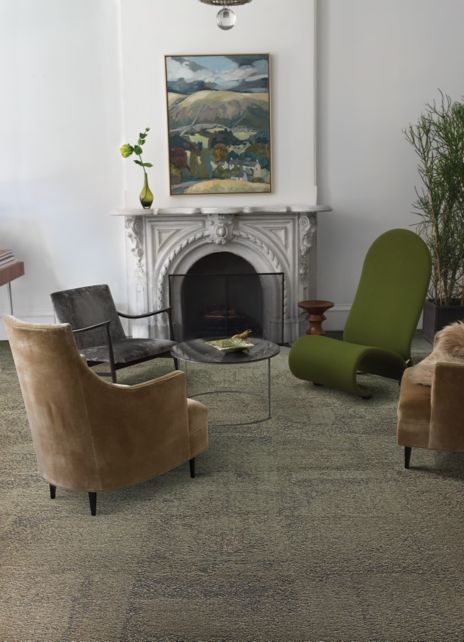 Interface UR301 carpet tile in seating area with fireplace 