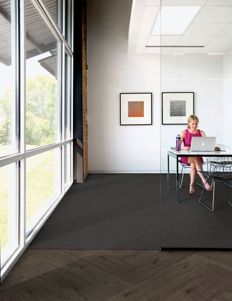 Interface UR303 carpet tile in private office with woman at computer and Natural Woodgrains LVT in outer office image number 6