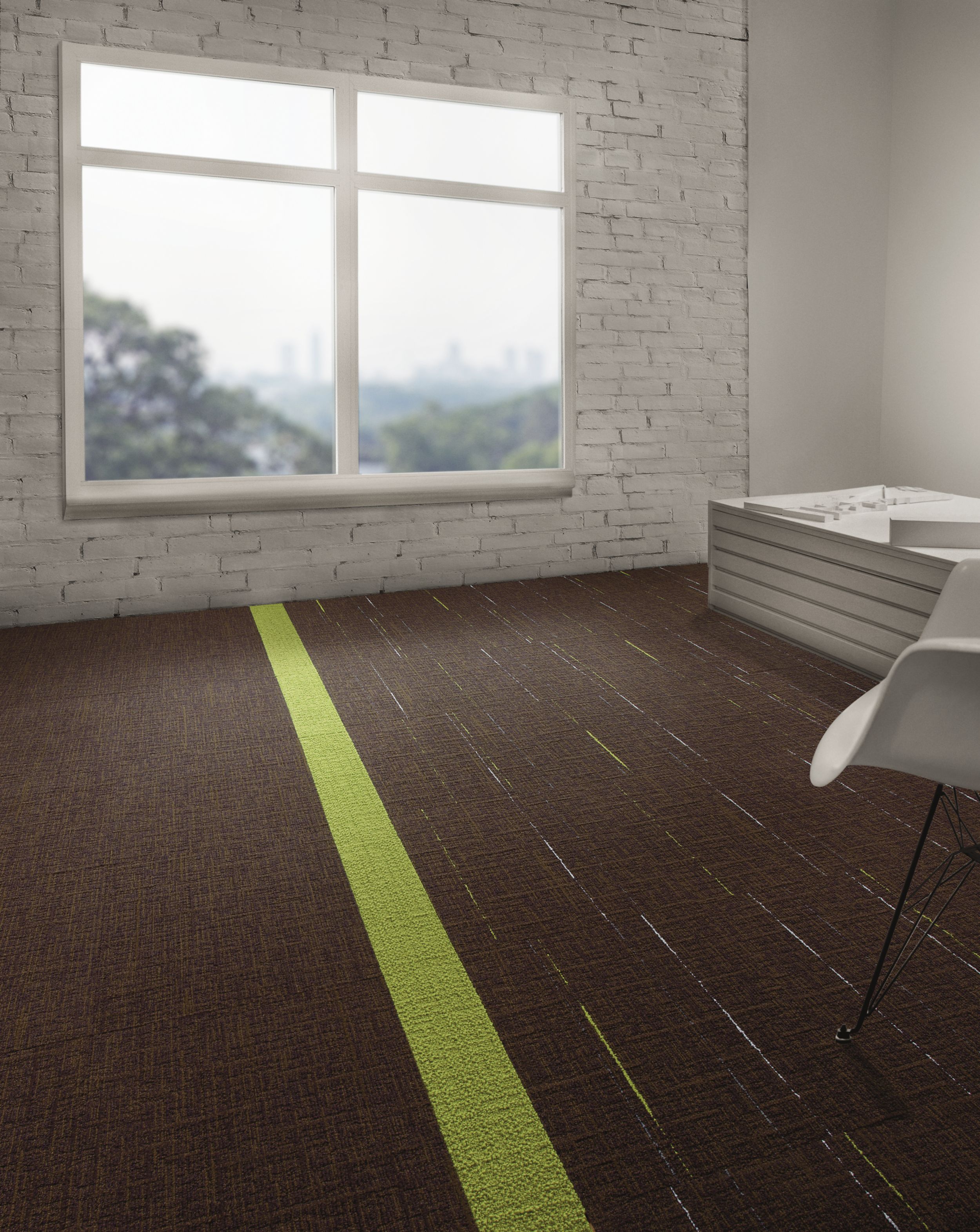 Interface UR303 and UR304 carpet tile with accents of Monochrome carpet tile in open room with chair image number 9