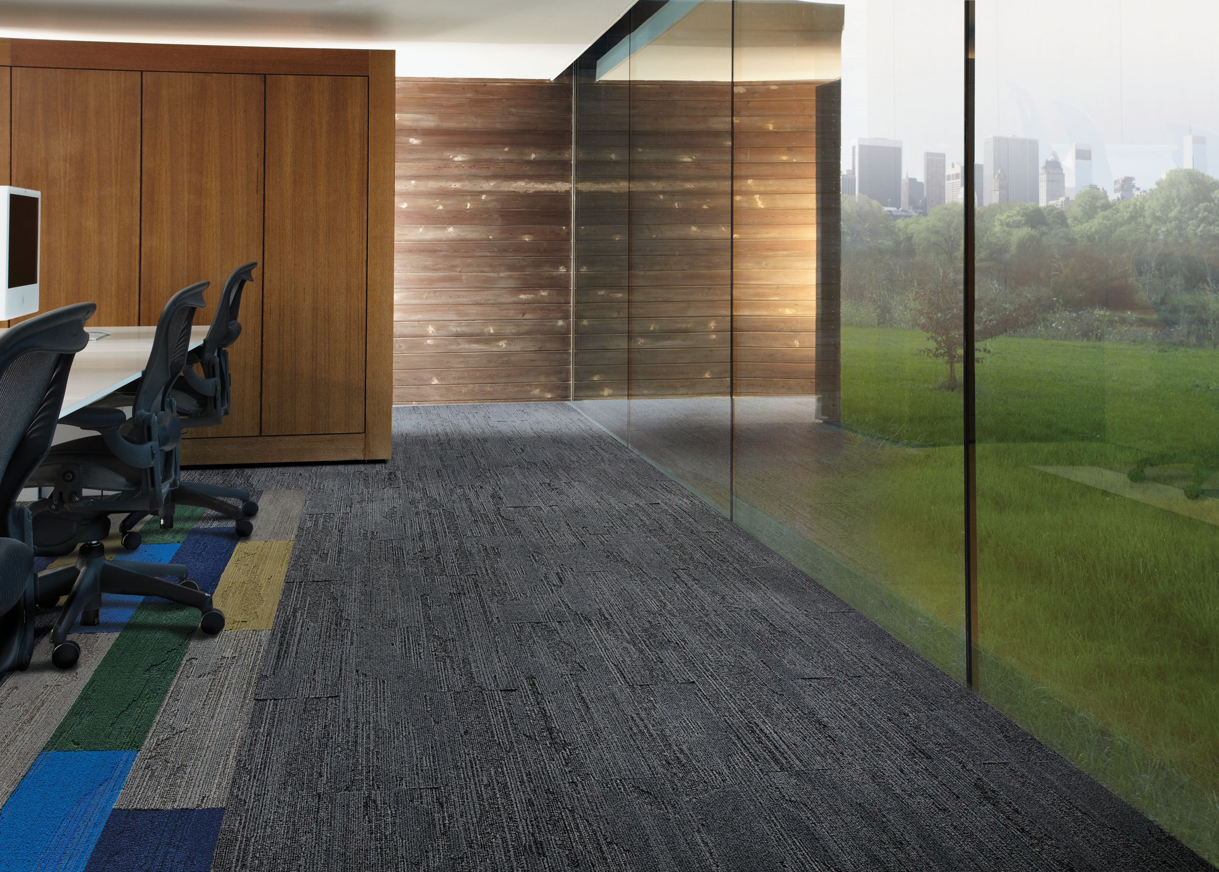 Interface UR501 plank carpet tile in multiple colors in meeting room with large windows image number 9