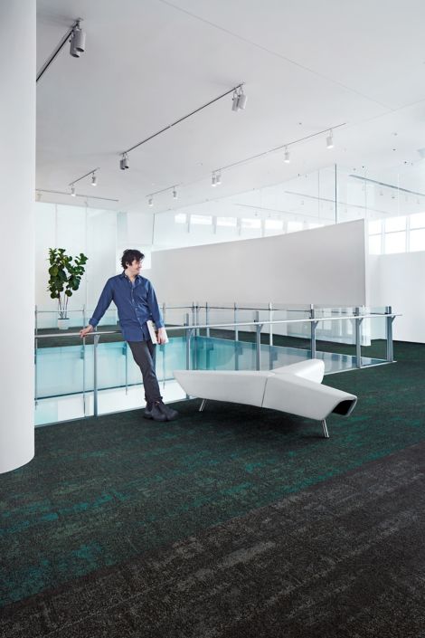 Interface Up At Dawn carpet tile in open lobby with bench seat