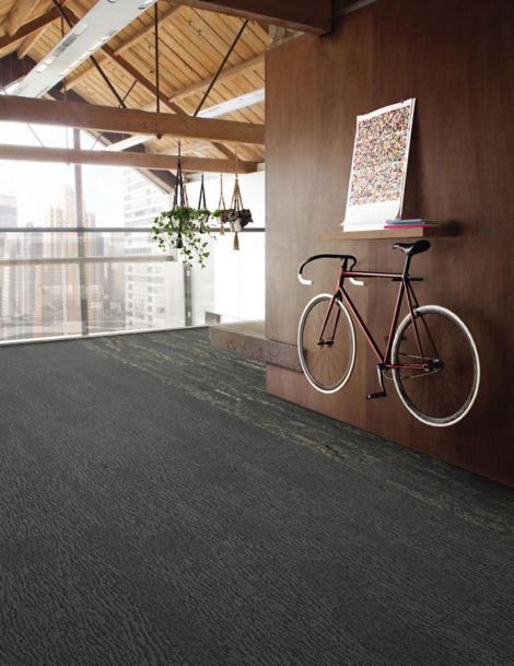 Interface Uprooted and Velvet Bark plank carpet tile in open area with bicycle on wall