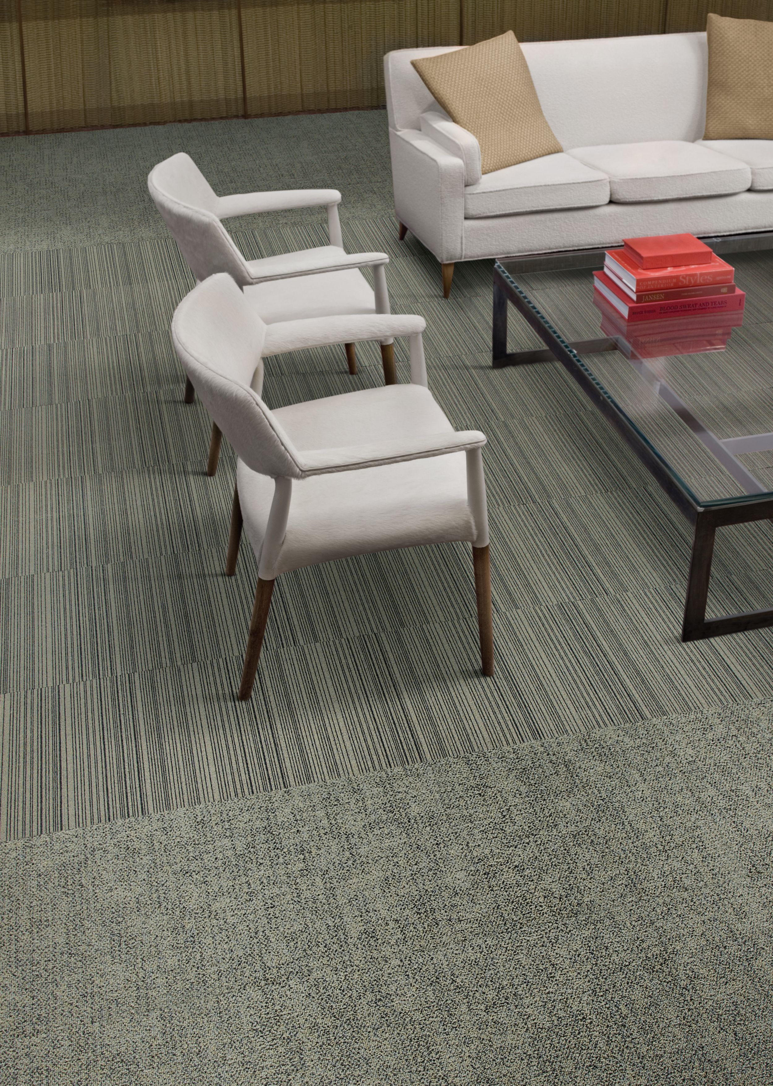 Interface Micro Line carpet tile with two white chairs and glass table image number 3